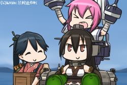 Rule 34 | &gt; &lt;, 3girls, :d, > <, arm cannon, arrow (projectile), bandages, bandaged arm, bandages, black hair, blue sky, box, brown eyes, cannon, commentary request, dated, day, drum (container), elbow gloves, closed eyes, flight deck, gloves, hair ornament, hakama, hakama skirt, hamu koutarou, headgear, high ponytail, houshou (kancolle), japanese clothes, kantai collection, machinery, multiple girls, nagato (kancolle), nenohi (kancolle), ocean, open mouth, pink hair, ponytail, quiver, skirt, sky, smile, tasuki, weapon, xd