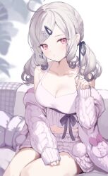 Rule 34 | 1girl, absurdres, ahoge, bare shoulders, blush, breasts, camisole, cleavage, collarbone, couch, grey hair, hair ornament, hair ribbon, hairclip, hand up, hell fuuna, highres, jacket, large breasts, long hair, long sleeves, looking at viewer, midriff, mole, mole under eye, navel, nijisanji, off shoulder, on couch, open clothes, pink eyes, playing with hair, ribbon, shorts, sitting, sleeves past wrists, solo, sukoya kana, twintails, virtual youtuber
