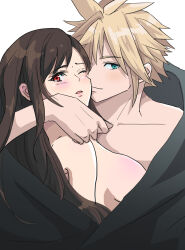 Rule 34 | 1boy, 1girl, absurdres, arm around shoulder, bare shoulders, black hair, blonde hair, blue eyes, blush, breasts, cheek-to-cheek, cloud strife, collarbone, commentary request, couple, final fantasy, final fantasy vii, final fantasy vii remake, from side, heads together, highres, large breasts, long hair, looking at viewer, looking to the side, momo (564mo mo), one eye closed, parted lips, red eyes, shared blanket, short hair, smile, spiked hair, tifa lockhart, topless, topless male, under covers, upper body, white background