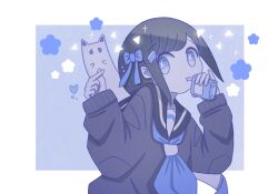 Rule 34 | 1girl, :t, black cardigan, blue background, blue bow, blue neckerchief, blue theme, bow, box, cardigan, cathead, commentary, cross-shaped pupils, drinking, drinking straw, drinking straw in mouth, flower, ghost, hair bow, hair ornament, hairclip, heart, highres, holding, holding box, juice box, long sleeves, looking at viewer, multicolored background, neckerchief, no nose, omochi noa, original, pointing, sailor collar, school uniform, serafuku, short hair, sidelocks, simple background, solid oval eyes, swept bangs, symbol-shaped pupils, triangle, uniform, white background