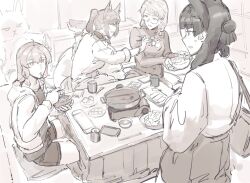 Rule 34 | 4girls, absurdres, animal ears, bag, bowl, can, character request, chopsticks, copyright request, cup, dangodes, drink can, food, glasses, handbag, highres, holding, holding bowl, hood, hoodie, hotpot, kotatsu, multiple girls, nintendo switch, plate, portable stove, shorts, sitting, soda can, soup, stuffed animal, stuffed rabbit, stuffed toy, sweatdrop, sweater, table