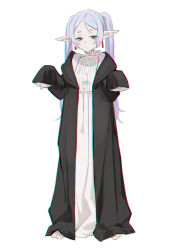 Rule 34 | 1girl, barefoot, black coat, closed mouth, coat, collared dress, cosplay, dress, earrings, elf, fern (sousou no frieren), fern (sousou no frieren) (cosplay), frieren, green eyes, grey hair, hands up, jewelry, long hair, long sleeves, looking at viewer, oto1 030, oversized clothes, pointy ears, simple background, sleeves past wrists, solo, sousou no frieren, twintails, white background, white dress