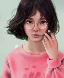 Rule 34 | 10s, 1girl, 2016, arm at side, artist name, black hair, clothes writing, eyebrows, eyelashes, glasses, green background, green eyes, grey-framed eyewear, hand in own hair, highres, jin, jintawat puttanawiboon, lips, long sleeves, nose, olive background, original, parted lips, pink shirt, realistic, shirt, short hair, simple background, solo, teeth, upper body