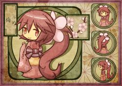Rule 34 | 1girl, akihiyo, asa no ha (pattern), bow, character sheet, fairy, flower, from behind, japanese clothes, kimono, long hair, original, personification, plum blossoms, ponytail, red hair, solo, translation request