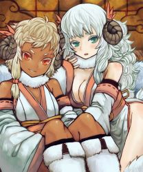 Rule 34 | 10s, 2015, 2girls, aqua eyes, bad id, bad pixiv id, breasts, cleavage, colored eyelashes, dark skin, dark-skinned female, flat chest, grin, horns, hoshitetsu ringo, japanese clothes, large breasts, long hair, looking at viewer, multiple girls, new year, nontraditional miko, original, red eyes, sheep girl, sheep horns, short hair, shy, smile, tareme, wavy hair, colored eyelashes, white hair