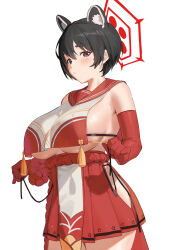 1girl animal_ear_fluff animal_ears bare_shoulders black_eyes black_hair blue_archive blush breast_curtains breasts closed_mouth cowboy_shot elbow_gloves extra_ears gloves halo highres hip_vent large_breasts looking_at_viewer nuykkif pleated_skirt raccoon_ears red_gloves red_skirt rope sailor_collar shimenawa short_hair sideboob sidelocks simple_background skirt solo tassel tsubaki_(blue_archive) underboob white_background