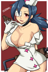 Rule 34 | 1girl, absurdres, blue hair, blush, breasts, candy, chocolate, chocolate bar, choker, cleavage, food, gloves, hamu agaki, hat, highres, large breasts, latex, latex gloves, looking at viewer, mask, mask pull, mouth mask, nurse cap, off shoulder, open mouth, ponytail, red background, red eyes, skullgirls, solo, surgical mask, symbol-shaped pupils, valentine (skullgirls)