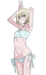 Rule 34 | 1girl, absurdres, armpits, bikini, blonde hair, blue eyes, blush, breasts, cameltoe, cleft of venus, erica hartmann, female focus, grin, highres, looking at viewer, minami (y-r-h998d), short hair, side-tie bikini bottom, simple background, small breasts, smile, solo, strike witches, swimsuit, v, white background, white bikini, world witches series