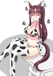 1girl alternate_costume anger_vein animal_ears animal_print bikini breasts brown_hair collarbone commentary_request cow_print cow_print_bikini false_smile hair_between_eyes hair_ornament highres horse_girl i-ceis long_hair looking_at_viewer lucky_lilac_(umamusume) navel print_bikini side_ponytail smile solo swimsuit translation_request umamusume white_background