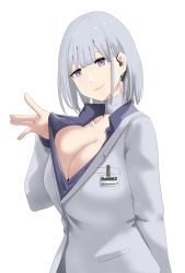 Rule 34 | 1girl, absurdres, bad id, bad pixiv id, bandaged neck, bandages, blue shirt, blunt bangs, breasts, cleavage, closed mouth, clothes pull, collared shirt, dress shirt, earpiece, formal, girls&#039; frontline, grey blazer, grey suit, highres, id card, large breasts, natawaru, open clothes, open shirt, purple eyes, rpk-16 (girls&#039; frontline), rpk-16 (renate) (girls&#039; frontline), shirt, shirt pull, short hair, silver hair, smile, suit, upper body, white background