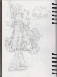Rule 34 | 1girl, absurdres, bag, cat, cloud, coat, david revoy, dragon, hat, highres, leg warmers, non-web source, sketch, witch hat