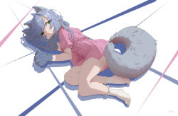 Rule 34 | 1girl, a f, absurdres, animal ears, animal hands, commentary request, dated, green eyes, grey hair, highres, looking at viewer, lying, medium hair, on side, original, shadow, simple background, smile, socks, solo, tail, tail censor, white socks, wolf ears, wolf girl, wolf tail