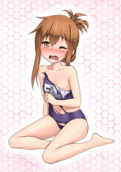 Rule 34 | 10s, 1girl, barefoot, blush, brown hair, errant, folded ponytail, half updo, inazuma (kancolle), kantai collection, looking at viewer, navel, one-piece swimsuit, one eye closed, open mouth, personification, school swimsuit, sidelocks, sitting, solo, swimsuit, tears, torn clothes, torn swimsuit, wavy mouth, wince, wink, yellow eyes, yokozuwari
