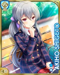 Rule 34 | 1girl, bench, blazer, blue coat, blue jacket, bow, breasts, card (medium), character name, closed mouth, coat, day, female focus, girlfriend (kari), grey hair, jacket, long hair, necktie, official art, outdoors, plaid, plaid coat, plaid skirt, purple bow, qp:flapper, red neckwear, red skirt, school, school uniform, shigeto akiho, shirt, shoes, sitting, skirt, socks, tagme, white shirt, winter clothes, winter coat