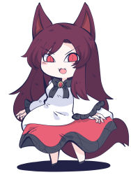 Rule 34 | 1girl, animal ears, blush stickers, brown hair, chahan (fried rice0614), dress, fang, frilled sleeves, frills, full body, highres, imaizumi kagerou, long hair, long sleeves, one-hour drawing challenge, open mouth, red dress, red eyes, simple background, smile, solo, tail, touhou, white background, white dress, wide sleeves, wolf ears, wolf tail