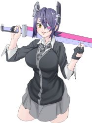 Rule 34 | 10s, 1girl, breasts, checkered clothes, checkered necktie, checkered neckwear, cowboy shot, eyepatch, female focus, headgear, holding, holding sword, holding weapon, kantai collection, kyouten doushi, large breasts, looking at viewer, necktie, purple eyes, purple hair, short hair, simple background, sketch, skirt, smile, solo, sword, tenryuu (kancolle), weapon, white background, yellow eyes
