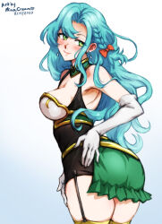 Rule 34 | 1girl, aqua hair, armor, ass, ass focus, back, bare shoulders, blush, braid, breasts, chloe (fire emblem), elbow gloves, female focus, fire emblem, fire emblem engage, garter straps, gloves, green eyes, huge ass, large breasts, long hair, looking at viewer, mina cream, nintendo, presenting, shoulder armor, side braid, smile, solo, thick thighs, thighs, very long hair, white gloves