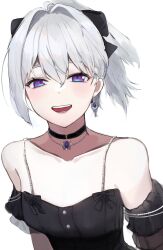 Rule 34 | 1girl, absurdres, bare shoulders, black bow, black collar, black dress, bow, collar, detached sleeves, dress, earrings, hair bow, hair intakes, highres, ine (vtuber), jewelry, looking at viewer, necklace, open mouth, pigeon (zesp5288), ponytail, purple eyes, short hair, simple background, single earring, smile, solo, upper body, virtual youtuber, waktaverse, white background, white hair, wind