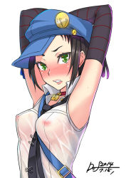 Rule 34 | 1girl, armpits, arms behind head, beret, between breasts, black gloves, black hair, blouse, breasts, clenched teeth, covered erect nipples, def (chronowarld), detached sleeves, elbow gloves, gloves, green eyes, hat, lips, looking at viewer, marie (persona 4), necktie, necktie between breasts, nipples, persona, persona 4, persona 4 the golden, see-through, shirt, short hair, sleeveless, small breasts, solo, strap between breasts, teeth, wet, wet clothes, white shirt