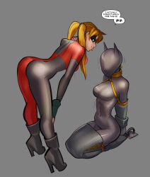 Rule 34 | 2girls, arms behind back, ass, batgirl, batman (series), bdsm, black bodysuit, blonde hair, bodysuit, bondage, bound, bound arms, bound legs, breasts, covered face, dc comics, english text, fingerless gloves, gloves, grey background, harley quinn, high heels, highres, mask, multiple girls, psuede, simple background, skin tight, speech bubble, superhero costume, tongue, tongue out, twintails