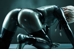 Rule 34 | 1girl, all fours, artist request, ass, bodysuit, cosplay, feet, from behind, laughing octopus, looking at viewer, looking back, metal gear (series), metal gear solid 4: guns of the patriots, photo (medium), short hair, silver hair, skin tight