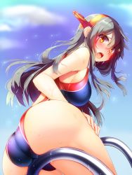 Rule 34 | 1girl, ass, black hair, black one-piece swimsuit, blue sky, cloud, commentary request, competition swimsuit, cowboy shot, day, from below, hairband, haruna (kancolle), headgear, highres, huge ass, kantai collection, long hair, looking at viewer, looking back, one-piece swimsuit, open mouth, outdoors, pool ladder, sky, solo, swimsuit, tsukui kachou