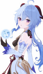 Rule 34 | 1girl, ahoge, back, backless outfit, bell, black gloves, blue hair, bodystocking, breasts, commentary, cowbell, detached sleeves, floating, floating object, ganyu (genshin impact), genshin impact, gloves, hair between eyes, highres, horns, light blush, long hair, long sleeves, looking at viewer, low ponytail, orb, parted lips, purple eyes, red horns, simple background, small breasts, solo, syannsyunnhuxoi, upper body, white background