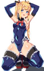 Rule 34 | 1girl, arms behind head, bare shoulders, black ribbon, blonde hair, blue eyes, blue leotard, blue one-piece swimsuit, blue thighhighs, breasts, commentary request, dead or alive, dead or alive 5, frilled leotard, frilled thighhighs, frills, hair ornament, hair ribbon, highres, kneeling, leotard, long hair, looking at viewer, marie rose, nishisan (mikurosu), one-piece swimsuit, ribbon, simple background, small breasts, solo, spread legs, squatting, swimsuit, thighhighs, twintails, white background, x hair ornament