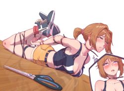 Rule 34 | 1girl, asphyxiation, bdsm, blue footwear, bondage, bound, breasts, cable tie, commission, full body, girls&#039; frontline, grizzly mkv (girls&#039; frontline), grizzly mkv (weekend cop) (girls&#039; frontline), hair ornament, hair scrunchie, highres, lar grizzly win mag, leveen, medium breasts, official alternate costume, peril, purple eyes, restrained, scrunchie, second-party source, short hair, short ponytail, short shorts, shorts, skindentation, tank top, thigh strap, v-shaped eyebrows, yellow shorts
