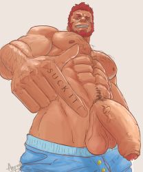 Rule 34 | 1boy, abs, absurdres, aer (aertandstuff), arm hair, bara, beard, blue male underwear, boxers, chest hair, come hither, english text, facial hair, fate/zero, fate (series), flaccid, foreskin, from below, hairy, highres, iskandar (fate), large pectorals, looking at viewer, male focus, male pubic hair, male underwear, male underwear pull, mature male, muscular, muscular male, navel, navel hair, nipples, pectorals, penis, precum, precum, pubic hair, red eyes, red hair, seductive smile, short hair, smile, smirk, solo, stomach, topless male, uncensored, underwear, underwear only