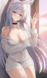 Rule 34 | 1girl, absurdres, animal ear fluff, animal ears, black choker, black panties, blush, breasts, choker, cleavage, closed mouth, collarbone, collared shirt, commentary, english commentary, fang, fox ears, grey hair, hair between eyes, hand up, highres, large breasts, long hair, long sleeves, looking at viewer, mole, mole under eye, no pants, original, panties, panties visible through clothes, purple eyes, shirt, single bare shoulder, smile, solo, themaree, unbuttoned sleeves, underwear, white shirt