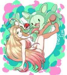 Rule 34 | 1girl, :d, ahoge, barefoot, blonde hair, creatures (company), full body, game freak, gen 5 pokemon, gradient hair, green eyes, highres, holding, holding poke ball, huge ahoge, long hair, looking at viewer, multicolored hair, nintendo, open mouth, pink hair, poke ball, pokemon, pokemon (creature), reuniclus, shishiruto, smile, tatiana (undead unluck), undead unluck, very long hair
