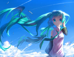 Rule 34 | 1girl, cloud, day, detached sleeves, floating hair, green eyes, green hair, hatsune miku, long hair, matching hair/eyes, necktie, sky, solo, twintails, very long hair, vocaloid, yuket