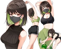 Rule 34 | &gt; &lt;, 1girl, armpits, arms up, ass, back, black hair, black mask, black shorts, black sports bra, black sweater, breasts, brown eyes, cleavage, clothing cutout, colored inner hair, commentary, crab, earrings, english commentary, green hair, green pants, green sports bra, highres, jewelry, large breasts, looking at viewer, mask, midriff, miru (ormille), mole, mole on breast, mole on thigh, mole under eye, mouth mask, multicolored hair, multiple views, navel, original, ormille, pants, revision, shoes, short hair, shorts, sitting, sleeveless, sleeveless sweater, sneakers, sports bra, stretching, sweater, trembling, two-tone hair, underboob cutout, upper body, yoga pants