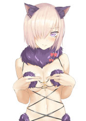 Rule 34 | 1girl, animal ears, blush, bow, breast press, breasts, cleavage, closed mouth, collarbone, detached collar, eyebrows, fate/grand order, fate (series), fur, fur trim, hair over one eye, halloween costume, hands on breasts, hands on own chest, highres, light smile, long hair, looking at viewer, mash kyrielight, mash kyrielight (dangerous beast), medium breasts, navel, o-ring, official alternate costume, one eye covered, purple eyes, purple hair, red bow, revealing clothes, short hair, simple background, solo, stomach, throtem, upper body, white background, wolf ears