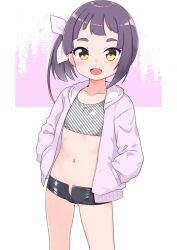 Rule 34 | 1girl, blush, collarbone, commentary request, cowboy shot, crop top, diagonal stripes, fang, flat chest, fujinami (kancolle), hair ribbon, hood, hood down, hoodie, kantai collection, looking at viewer, micro shorts, midriff, nassukun, navel, open clothes, open fly, open hoodie, open mouth, purple hair, purple hoodie, ribbon, shorts, side ponytail, solo, striped, white ribbon, yellow eyes