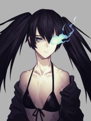 Rule 34 | 1girl, bikini, bikini under clothes, black bikini, black hair, black jacket, black rock shooter, black rock shooter (character), blue eyes, closed mouth, collarbone, commentary, fixro2n, flaming eye, front-tie bikini top, front-tie top, grey background, hair between eyes, highres, jacket, long hair, looking at viewer, off shoulder, open clothes, open jacket, pale skin, scar, simple background, solo, swimsuit, twintails