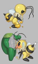 Rule 34 | 1boy, 1girl, antennae, ass, bee, blush, bug, bug fables, closed mouth, from side, full body, fur, grey background, highres, holding, holding jar, honey, insect, insect wings, jar, kneeling, no humans, oral, penis, pussy, simple background, solo focus, stinger, thighs, tosx, vi (bug fables), wings