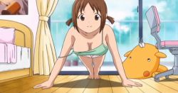 Rule 34 | 00s, 10s, 1girl, all fours, animated, animated gif, bouncing breasts, breasts, brown hair, cleavage, downblouse, exercising, hinako (issho ni training), issho ni training, jiggle, large breasts, no bra, off shoulder, push-ups, smile, strap slip, tank top