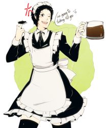 Rule 34 | 1boy, adachi tooru, alternate costume, anger vein, atlus, censored, censored gesture, coffee, coffee pot, crossdressing, english text, enmaided, false smile, hanpetos, maid, maid headdress, male focus, middle finger, one eye closed, persona, persona 4, pointless censoring, profanity, smile, solo, thighhighs, wink