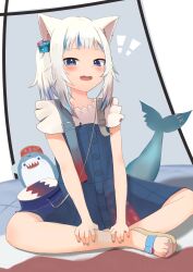 Rule 34 | !, !!, absurdres, animal ears, bag, bloop (gawr gura), blue eyes, blue hair, cube hair ornament, fang, fins, fish tail, gawr gura, gawr gura (casual), hair ornament, highres, hololive, hololive english, holomyth, looking at viewer, multicolored hair, nail polish, official alternate costume, official alternate hairstyle, ponytail, sandals, shark girl, shark tail, short hair, short ponytail, short sleeves, sitting, skin fang, solo, streaked hair, tail, taruto (taruto0918), toenail polish, toenails, virtual youtuber
