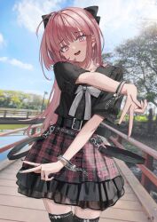 Rule 34 | 1girl, ahoge, belt, black belt, blurry, blurry background, bow, cowboy shot, cross, cross earrings, cuffs, earrings, frills, gishiki (gshk), hair bow, handcuffs, highres, jewelry, looking at viewer, open mouth, original, outdoors, pink eyes, pink hair, plaid, plaid skirt, pleated skirt, skirt, solo, standing, thighhighs, zettai ryouiki