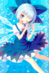 Rule 34 | 1girl, ;d, blue eyes, blue hair, bow, bowtie, cirno, hair bow, hair ribbon, hazakura satsuki, head tilt, heart, heart hands, highres, ice, ice wings, looking at viewer, matching hair/eyes, one eye closed, open mouth, ribbon, short hair, smile, solo, touhou, wings