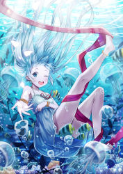 Rule 34 | 1girl, absurdres, barefoot, blue dress, blue eyes, blue hair, dress, fingerless gloves, gloves, highres, jewelry, ling si, long hair, looking at viewer, matching hair/eyes, necklace, one eye closed, open mouth, original, solo, underwater