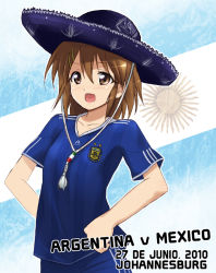 Rule 34 | 1girl, 2010 fifa world cup, adidas, argentina, brown eyes, brown hair, female focus, hat, hirasawa yui, k-on!, kaiga, mexico, product placement, short hair, soccer uniform, solo, sombrero, spanish text, sportswear, world cup