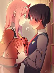 Rule 34 | !?, 1boy, 1girl, assertive female, blue eyes, blush, grabbing another&#039;s breast, breasts, darling in the franxx, drfrt0ma, embarrassed, femdom, grabbing, green eyes, guided breast grab, guiding hand, highres, hiro (darling in the franxx), holding another&#039;s wrist, horns, long hair, open mouth, pink hair, resolution mismatch, source smaller, surprised, uniform, zero two (darling in the franxx)