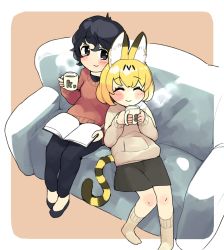 Rule 34 | 10s, 2girls, alternate costume, animal ears, black hair, blonde hair, blue eyes, blush, book, casual, commentary request, contemporary, couch, cuddling, cup, closed eyes, flats, highres, holding, holding cup, hood, hoodie, initsukkii, kaban (kemono friends), kemono friends, long sleeves, mug, multicolored hair, multiple girls, pants, serval (kemono friends), serval print, serval tail, short hair, sitting, skirt, smile, socks, sweater, tail