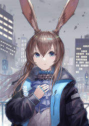 Rule 34 | 1girl, absurdres, amiya (arknights), animal ears, arawado, arknights, ascot, black coat, blue choker, blue eyes, blush, brown hair, choker, city, clothes writing, cloud, cloudy sky, coat, hand on own chest, highres, jewelry, long hair, long sleeves, looking at viewer, open clothes, open coat, outdoors, parted lips, purple ascot, rabbit ears, rabbit girl, ring, sidelocks, sky, solo