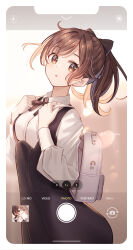Rule 34 | 1girl, backlighting, backpack, bag, black bow, black bowtie, black dress, blurry, blush, bokeh, bow, bowtie, breasts, brown eyes, brown hair, carrying bag, collared shirt, cowboy shot, depth of field, dress, english text, hair bow, highres, holding strap, huyunora, light particles, looking at viewer, original, parted lips, shirt, small breasts, solo, sunlight, viewfinder, white shirt, wind