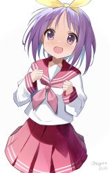 Rule 34 | 1girl, :d, blush, commentary request, hairband, highres, hiiragi tsukasa, long sleeves, lucky star, nagare (flow), neckerchief, open mouth, pink neckerchief, purple eyes, purple hair, red sailor collar, red skirt, ryouou school uniform, sailor collar, school uniform, serafuku, short hair, simple background, skirt, smile, solo, standing, white background, winter uniform, yellow hairband